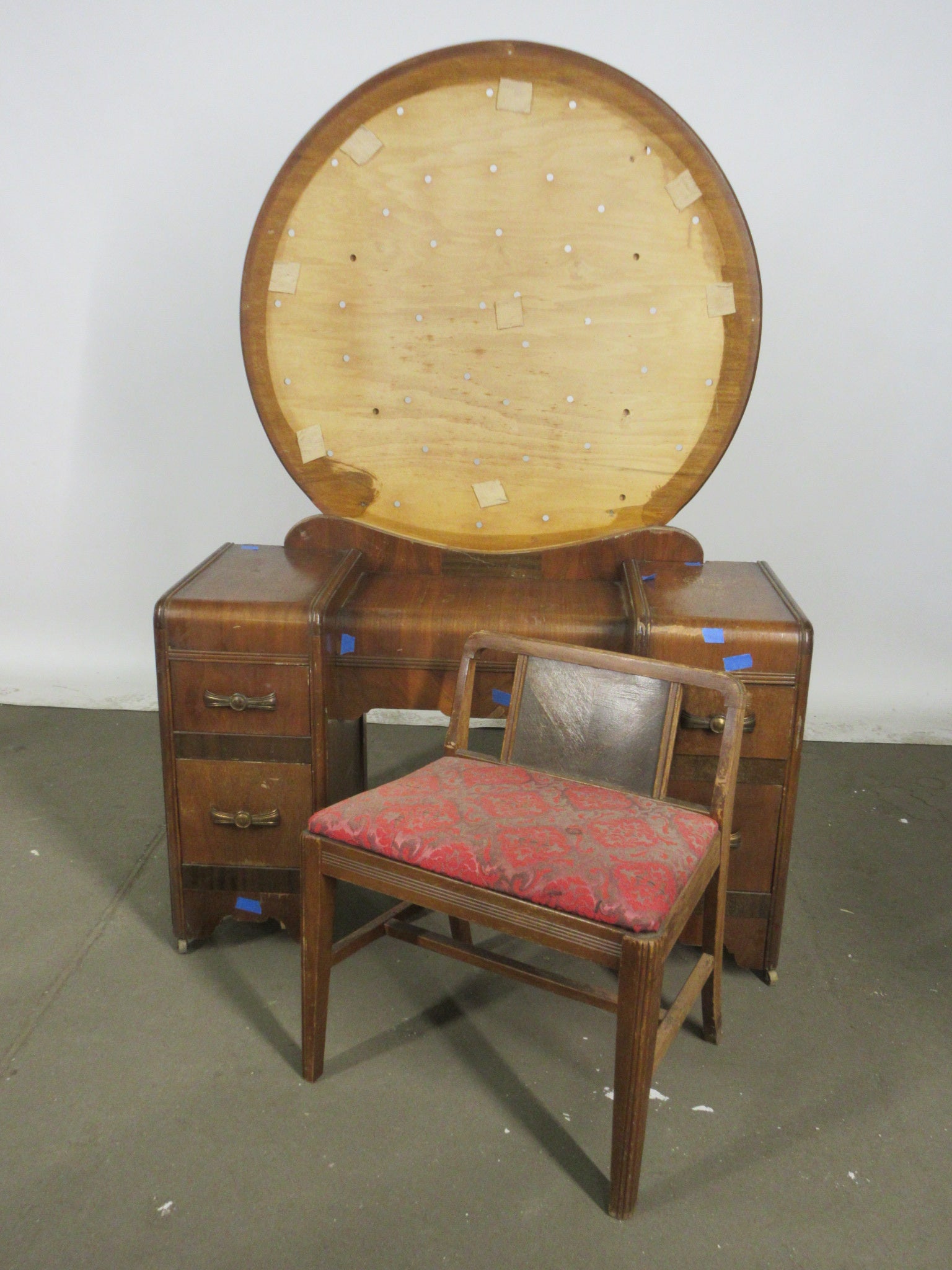 Vintage Art Deco Waterfall Vanity with Chair and Mirror